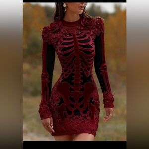 Women's Vintage Halloween Skeleton Bones Rose Art Cozy Knit Mini Sweater Dress